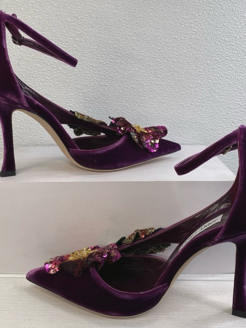 Jimmy Choo Purple Velvet Sequin Floral Embellished Ankle-Strap Heels - Picture 3 of 3
